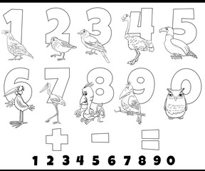 Obraz premium educational numbers set with comic birds coloring page