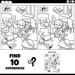 differences game with cartoon boy in his room coloring page