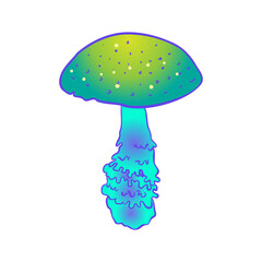 Magic mushrooms. Psychedelic hallucination. Vibrant vector illustration isolated on white. 60s hippie colorful art in vivid acid colors. Sticker, patch, poster graphic design.