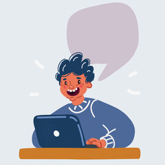 Vector illustration of Smart little boy with laptop. Speech ballon. Copy space