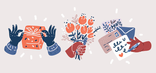 Vector illuastration of Valentines day, February 14 or birthday set. Love, couple, heart, valentine, hands, flowers. Postcard, card, congratulations.