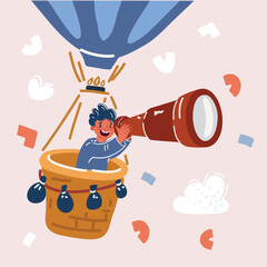 Man looking through binoculars and smiling. Vector illustration in cartoon style isolated on white background