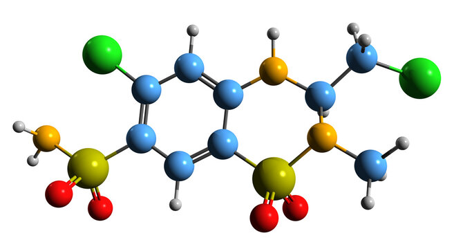 3D image of Methyclothiazide skeletal formula - molecular chemical structure of thiazide diuretic isolated on white background
