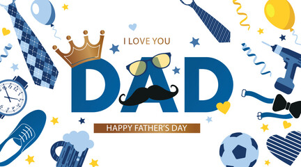 Father s Day banner template with necktie, glasses, crown and gift box on white. Greetings and presents for Father s Day in flat style. Promotion and shopping template for love dad concept.