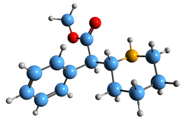  3D image of Methylphenidate skeletal formula - molecular chemical structure of central nervous system stimulant isolated on white background
