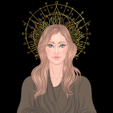 Lady of Sorrow. Devotion to the Immaculate Heart of Blessed Virgin Mary, Queen of Heaven. Vector illustration over halo or ornate mandala isolated. Hand-drawn, religion, spirituality, occultism.