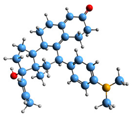  3D image of Mifepristone skeletal formula - molecular chemical structure of synthetic steroid antiprogestogenic drug isolated on white background