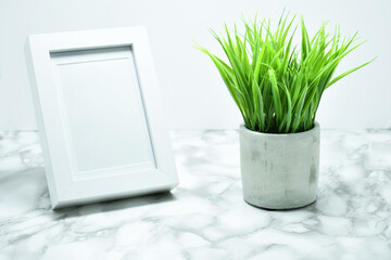 Marco para fotos blanco y planta artificial sobre una mesa, concepto de decoracion.
