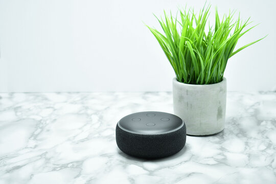 Asistente inteligente y una planta artificial sobre una mesa, espacio para texto al lado izquierdo.