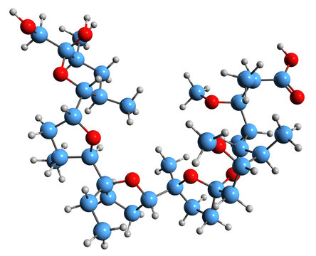 3D image of Monensin skeletal formula - molecular chemical structure of  polyether antibiotic isolated on white background