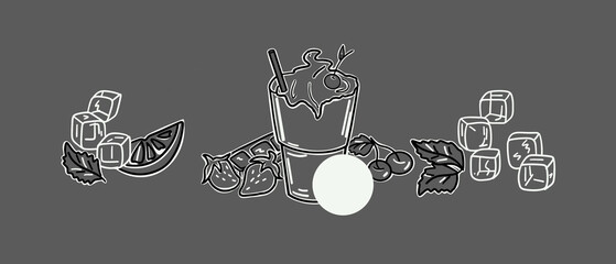 Straws in a glass of strawberry milkshake isolated on grey backdrop. Colourful cocktail on the grey background. Milkshake with cream, sprinkles and cocktail cherry.Picture of the menu with price tags.