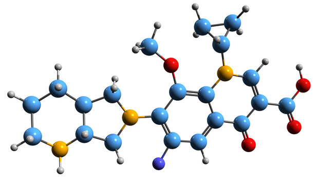 3D image of Moxifloxacin skeletal formula - molecular chemical structure of  antibiotic isolated on white background
