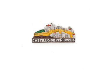 Barcelona, Spain - July 3, 2022. Fridge magnet, Peñiscola Castle, Spain. Isolated on white background