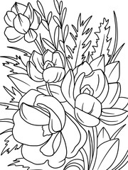 Coloring book, black stroke, white background. Bouquet of decorative flowers.