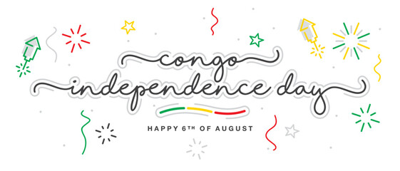 Congo independence day handwritten lettering typography calligraphy with stars, firework, confetti, and abstract Congo Republic flag ribbon isolated on white background