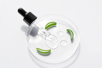 slices of aloe vera fresh green leaves in petri dish isolated on a white background. Healthy...
