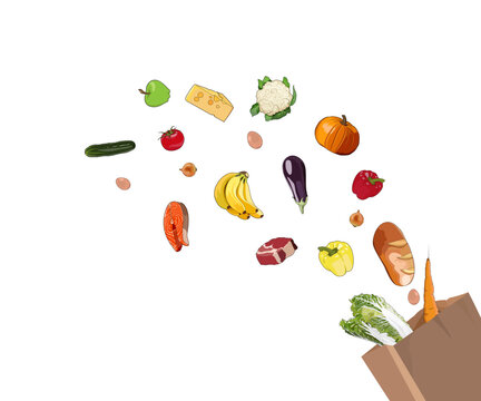 Grocery store shopping cart. Family diet food splash banner, Vector illustration. Vegetables, fruit, meat and diary assortment in paper bag. Healthy eating products stock image