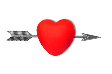 Red heart pierced with a feathered arrow on white
