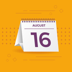 White calendar on yellow background. August 16th. Vector. 3D illustration.