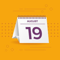 White calendar on yellow background. August 19th. Vector. 3D illustration.