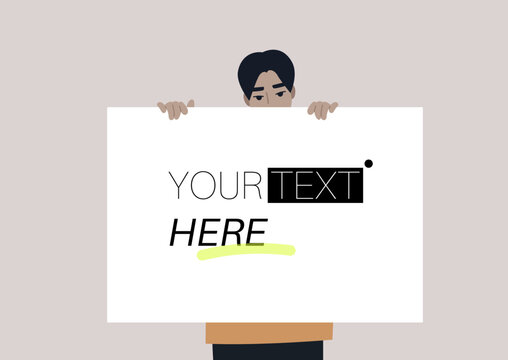 A young male Asian character holding a poster, your text here concept