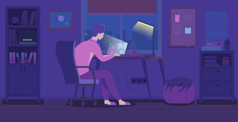Cartoon Color Night Working Remotely Concept and Character Man Using Computer at Sitting at Desk Flat Design Style. Vector illustration