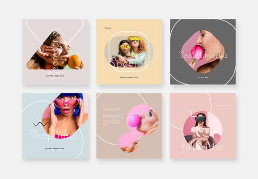 Creative Social Media Layouts with Rounded Lines and Pastel Accent