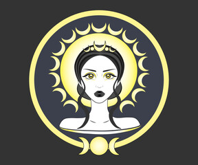 Triple goddess symbol of moon phases. Wiccan woman icon. Hekate, mythology, wicca, witchcraft. Triple Moon Religious Wiccan sign. Crescent, half and full moon. Printing of posters, cover etc. 