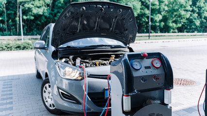 Ac car air repair conditioner service. Check automotive vehicle conditioning system and refill...