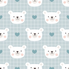 Cute hand drawn white polar bear on a pastel blue grid background with kawaii heart, kids woodland animals fashion seamless pattern for wrapping paper, fabric and textile