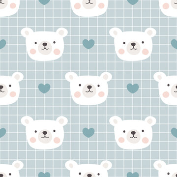 Cute hand drawn white polar bear on a pastel blue grid background with kawaii heart, kids woodland animals fashion seamless pattern for wrapping paper, fabric and textile