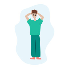 Boyh having headache, migraine, stress, depression. Sickness concept. Isolated. Vector illustration in flat style. Health and medical