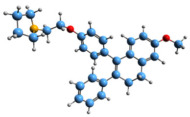  3D image of Nafoxidine skeletal formula - molecular chemical structure of nonsteroidal selective estrogen receptor modulator isolated on white background
 - obrazy, fototapety, plakaty