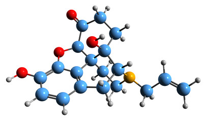  3D image of Naloxone skeletal formula - molecular chemical structure of competitive opioid receptor antagonist isolated on white background