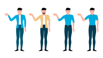 Man pointing at side with index finger, flat character vector illustration set.