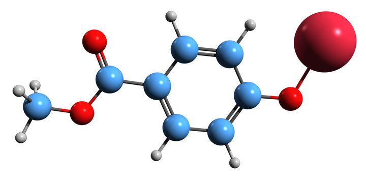 3D image of Sodium methylparaben skeletal formula - molecular chemical structure of Methylparaben sodium salt isolated on white background
