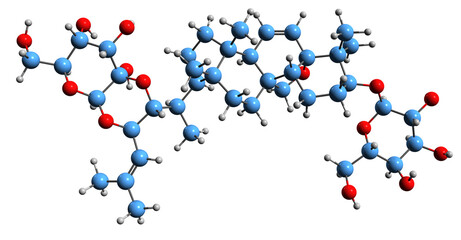 3D image of Neokuguaglucoside skeletal formula - molecular chemical structure of  triterpene glucoside isolated on white background