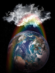 Rainboll ring around planet Earth, cloud and rain. Conceptual collage. Elements of this image furnished by NASA.
