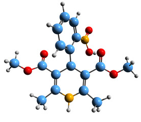  3D image of Nifedipine skeletal formula - molecular chemical structure of calcium channel blocker medication isolated on white background
