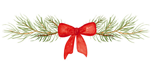 Christmas watercolor illustration, decor with fir branches red bow. The element is isolated on a white background.