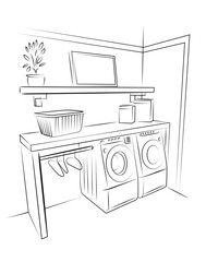 Laundry room home interior graphic black white sketch illustration vector