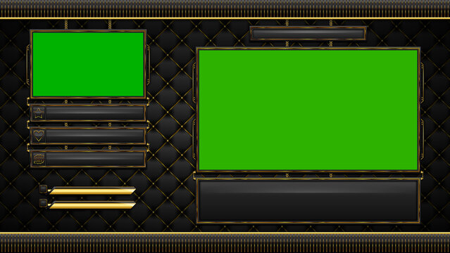 Beautiful gold and black themed overlay that features areas for a web cam, desktop view, two social media panels, and three recent event panels specific to most recent donation, subscriber, follower.