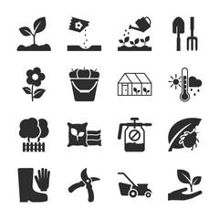 Gardening icons set. Planting, care, vegetable garden. Monochrome black and white icon.