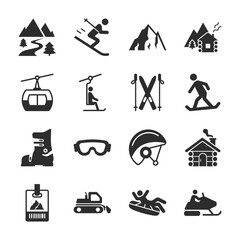 Ski resort icons set. recreation in the snowy mountains, skiing and snowboarding. Monochrome black and white icon.