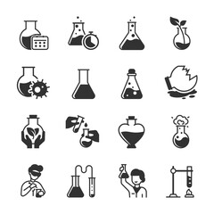 Flasks icons set. Chemical Pots. Monochrome black and white icon.