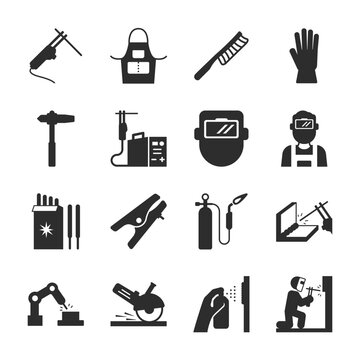 Welding icons set. Gas and arc processes. Equipment and tools. Monochrome black and white icon.