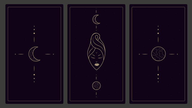 Magic occult cards for divination. Vintage hand drawn mystical tarot cards, magic symbols of the moon, planet, seer, stars, magic occult cards vector illustration set. Esoteric, astrological elements