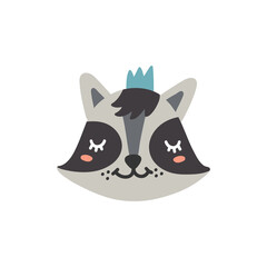 Cute cartoon animal head. Baby raccoon vector illustration isolated