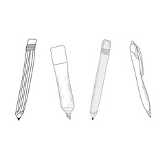 pencils, pen and marker lineart, contour drawing of stationery for coloring, stationery for school.