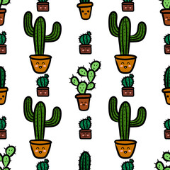 Cute doodle style kawaii cactus vector seamless pattern